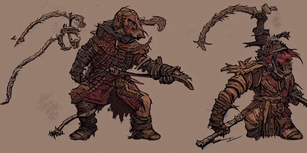 Image similar to warrior character design, idle, colored, sprite, darkest dungeon, pc game, sideview, art by moebius and greg rutkowski.