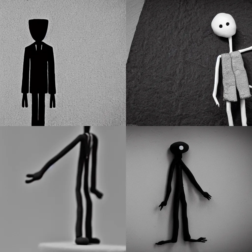 Prompt: a frame of a claymation animation of Slenderman, dslr, 40mm lens, cinematic, polymer clay, black and white,