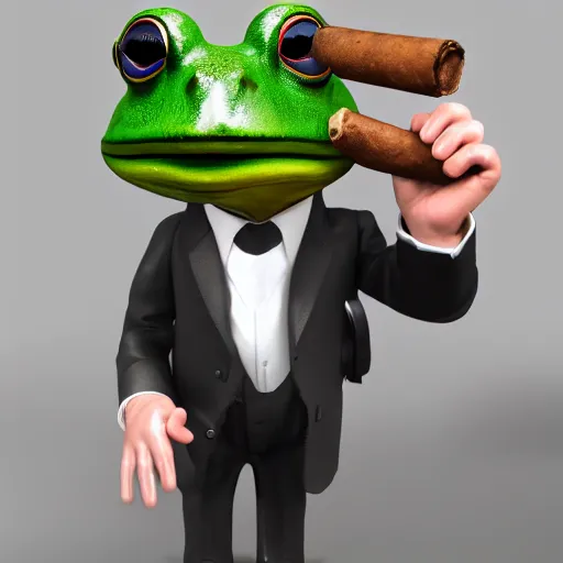 Image similar to a high quality photo of an antropomorphic frog wearing a suit smoking a cigar, 3d scene, render, ultra realistic, artstation, cgsociety