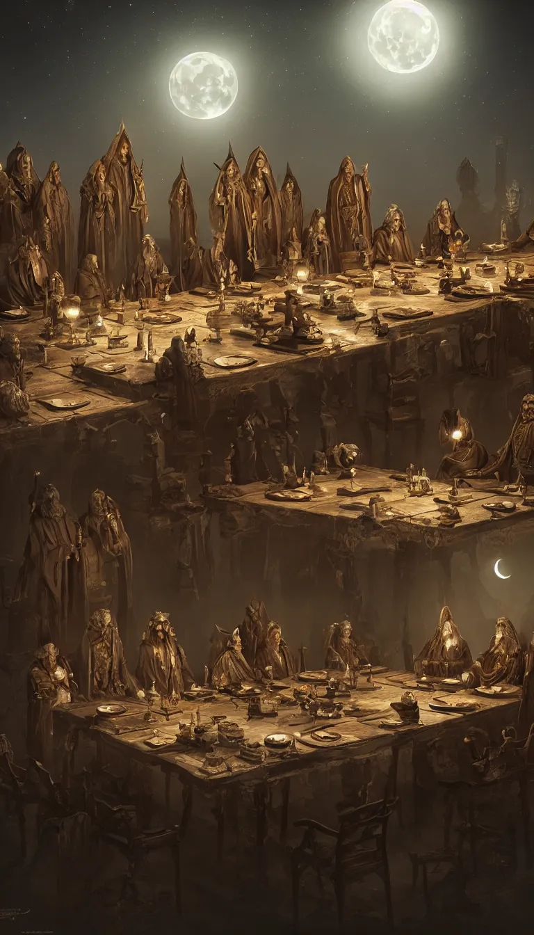 Image similar to A meeting of the council of elders, robed figures sat around a table, beautiful architecture, night time, stars visible, beautiful moon light, concept art, fantasy art, digital art by michal karcz, trending on artstation, highly detailed, 8k