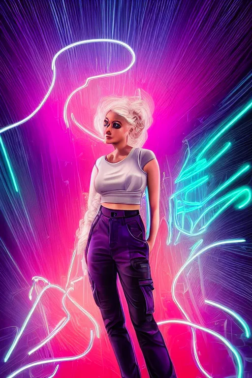 Image similar to a award winning half body portrait of a beautiful woman with stunning eyes in a croptop and cargo pants with ombre purple pink teal hairstyle and hands in pockets by thomas danthony, surrounded by whirling illuminated lines, outrun, vaporware, shaded flat illustration, digital art, trending on artstation, highly detailed, fine detail, intricate