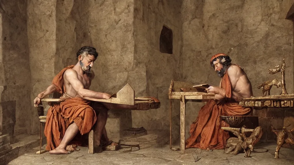 Prompt: Ancient roman citizen at home playing a computer game in his domus, 15 BC