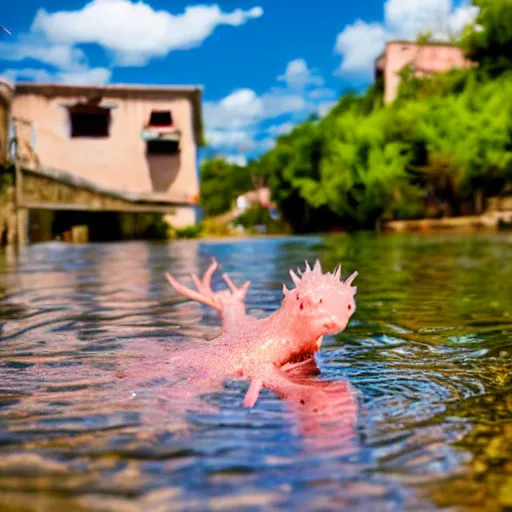 Image similar to axolotl swimming in a river with a quaint mexican village in the background