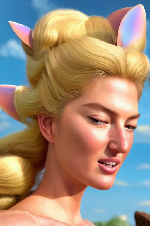 Image similar to polished sweaty princess peach : : gisele bundchen face : : kate upton body : : weta disney pixar movie still photo : : hi - fructose, sci fi, fantasy, decadent highly - detailed digital painting, golden ratio, octane render, artstation, smooth, sharp focus, artgerm, mucha, loish, wlop : :