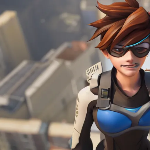 Prompt: tracer, standing on rooftop, 4 k, detailed, smiling at camera, confident stance