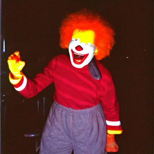 Image similar to creppy 2 0 0 1 photo of ronald mcdonald screaming in a dark room