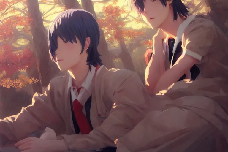 Prompt: boy's love anime high school scene spring setting, high detail concept art, perfect proportions fine face, realistic shaded lighting poster ilya kuvshinov, katsuhiro, jeremy lipkin and michael germash, makoto shinkai, loish and clamp style, trending on art station, best selling artist