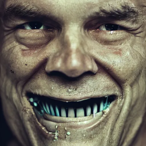 Image similar to scary photograph of a man with yellow decaying teeth, close up photograph taken on an iphone 4, flash lighting in a dark room, 4 k