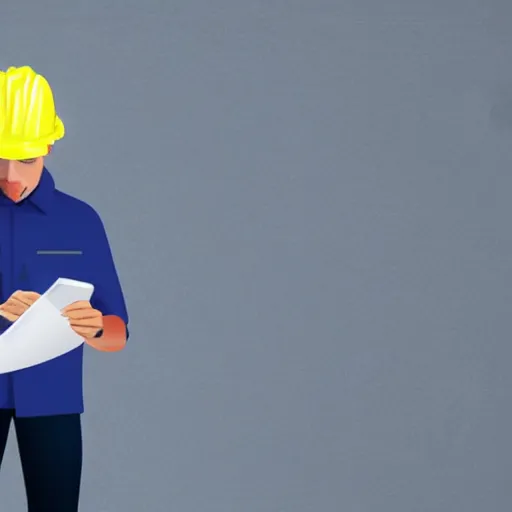 Prompt: a worker with a hard hat and reflective vest writing in a notepad holding a calculator vector, 3 d, realistic