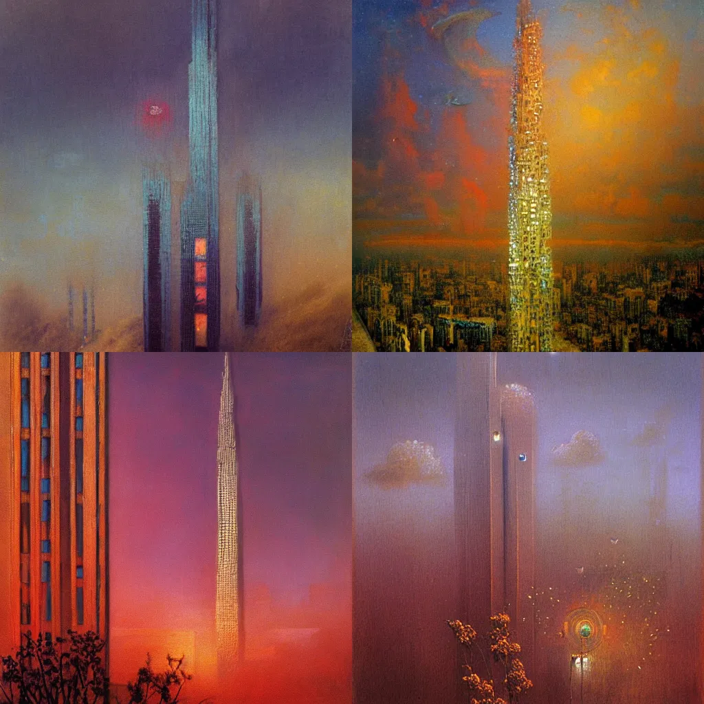 Prompt: detailed painting of a skyscraper in a landscape, 1 9 4 0, exterior, floral ornaments, volumetrics lights, beam of bright lights through the clouds, beksinski, bougeureau