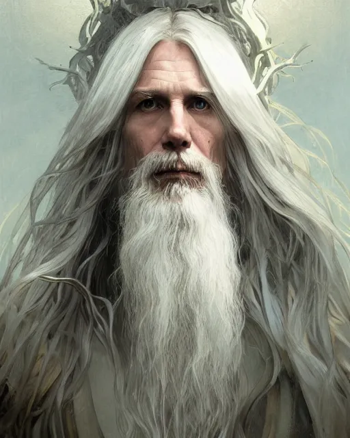 Image similar to portrait of 4 0 - year - old man with long white hair with a pale complexion, clear face, pointed face and grey eyes, hyper realistic face, beautiful eyes, fantasy art, in the style of greg rutkowski, intricate, alphonse mucha, hyper detailed, smooth