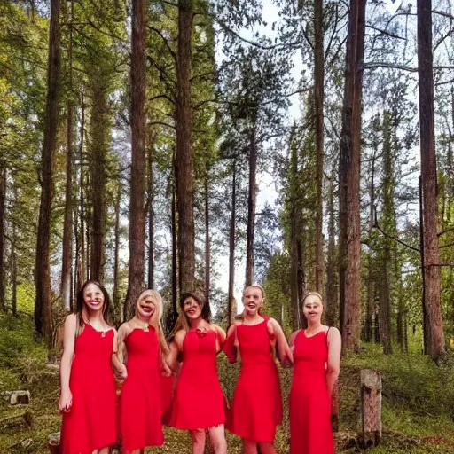 Prompt: Women in red near a lake in a forest between mountains