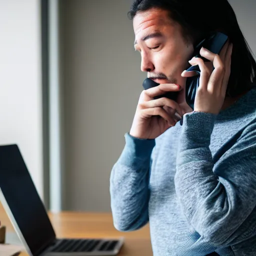 Prompt: A software engineer who is talented but tired is tasked with another dead end support call on the phone, Canon EOS R3, f/1.4, ISO 200, 1/160s, 8K, RAW, unedited, symmetrical balance, in-frame