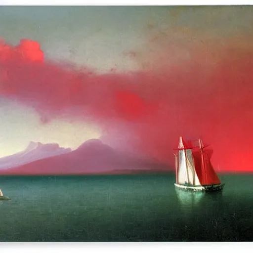 Image similar to minimalist symmetrical red clouds and green ocean in iceland fjord with sailboat painting by ivan aivazovsky