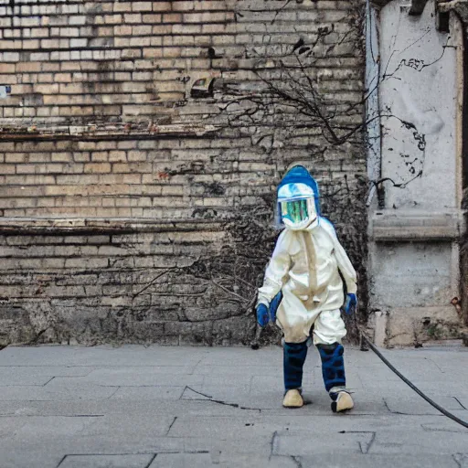 Prompt: a photo of a boy wearing a hazmat suit, glass backpack, inside it is a small plant, oxygen tubings connected to his helmet, walking away from the camera, smoke in the background, filthy streets, broken cars. Vines growing. OM system 12–40mm PRO II 40mm, 1/100 sec, f/2 8, ISO 800