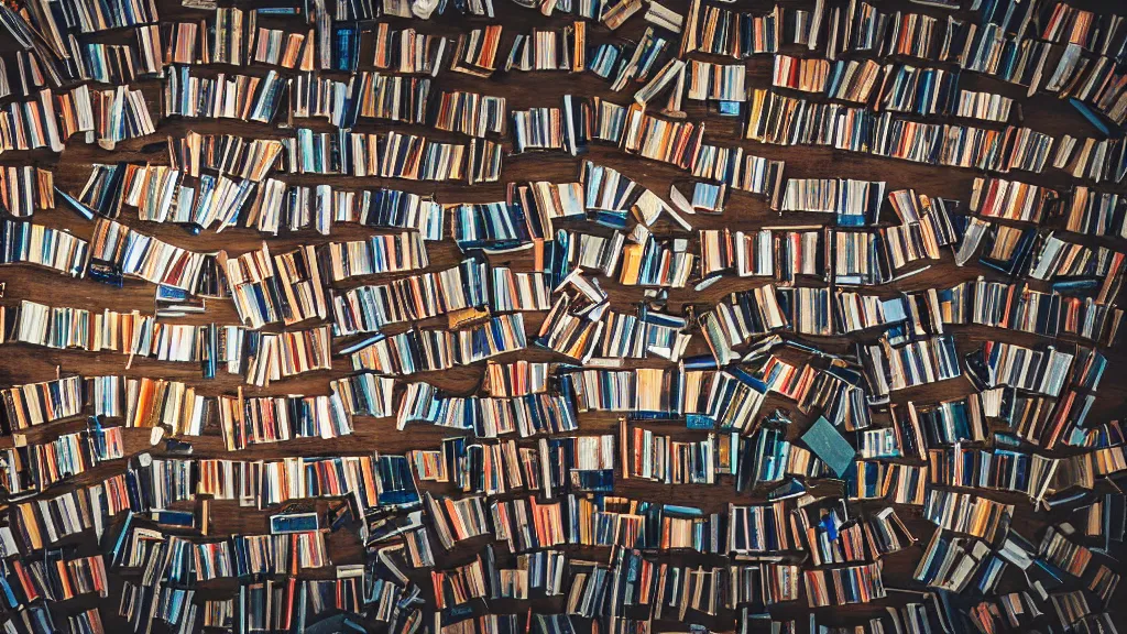 Image similar to professional photograph of a river with books inside of it, aerial view, detailed, dramatic lighting