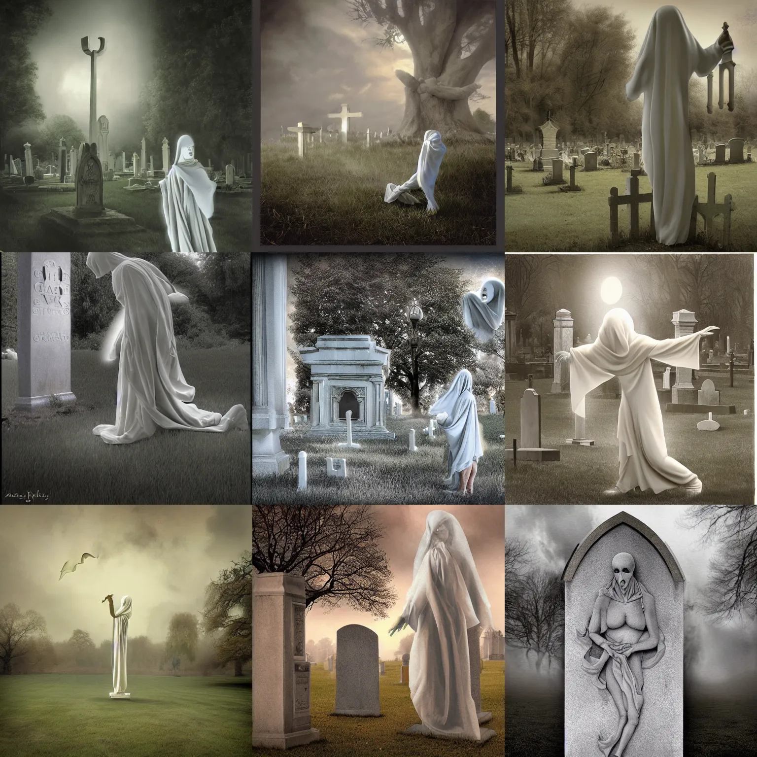 Prompt: michael parkes photo - realistic render of a strange ghost in a graveyard