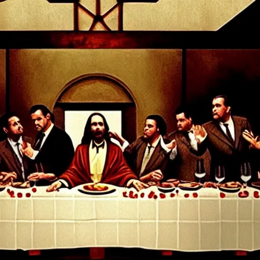 Image similar to the last supper in the godfather movie, Jesus wearing suit, intense scene