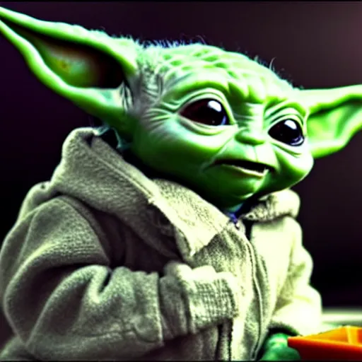 Image similar to hyper realistic Baby Yoda playing on Playstation,