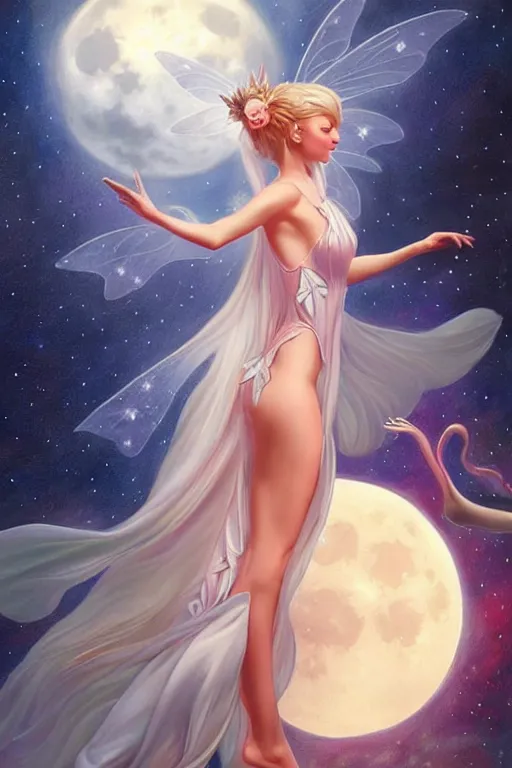 Image similar to attractive fairy magically floating high in the night, fantasy, full moon in background. highly detailed painting by artgerm, mid shot, 8 k