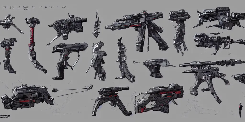 Prompt: several cyberpunk weapon designs , Kim Jung Gi, trending on Artstation, 8K, ultra wide angle, pincushion lens effect.