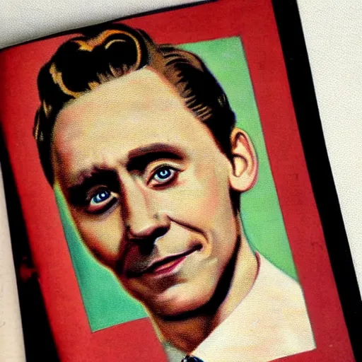 Image similar to “Tom Hiddleston portrait, color vintage magazine illustration 1950”