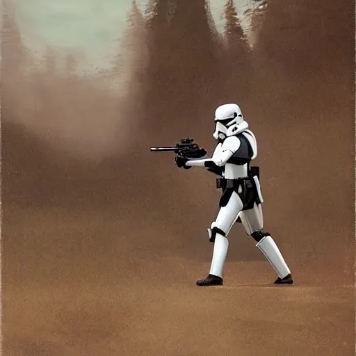 Image similar to an extremely long shot of an imperial stormtrooper in battle position ready to shoot his blaster concept art by Doug Chiang cinematic, realistic painting, high definition, very detailed, extremely high detail, photo realistic, concept art, the Mandalorian concept art style