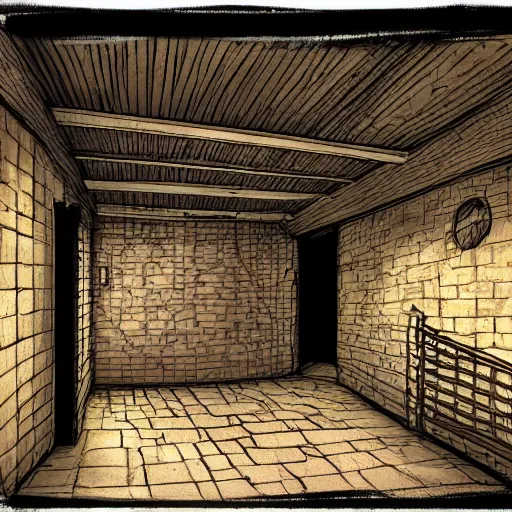 Prompt: an illustration of a basement in the style of mateusz skutnik