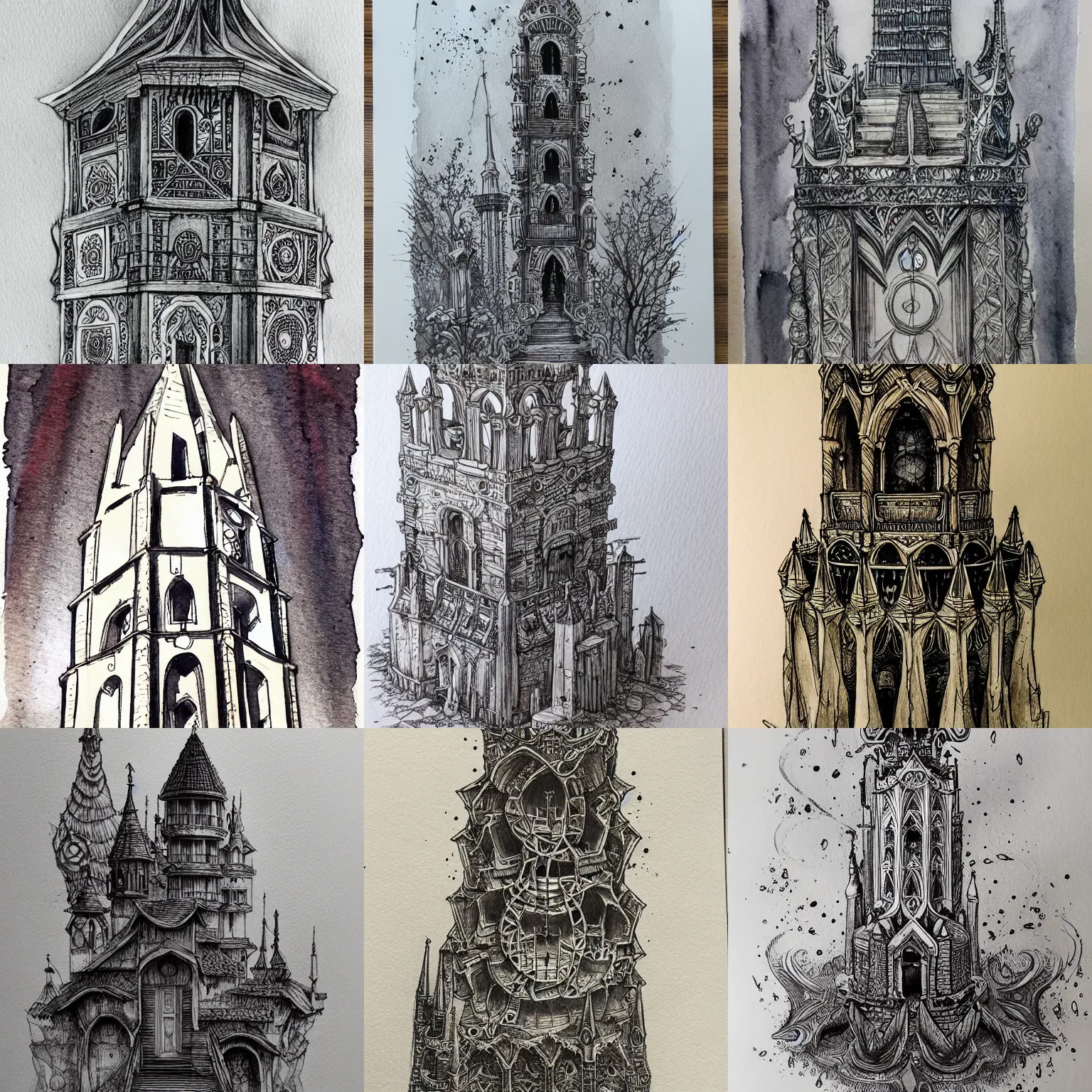 Prompt: beautiful aesthetic inspirational masterful professional ink pen and watercolor sketch of an occult mystic tower, ultra detailed, fine details, trending on artstation, high quality paper