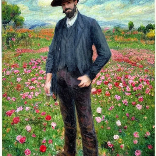 Image similar to an impressionist painting of a tall man with blue eyes that is wearing a wide brim hat and a leather vest. He is holding a revolver in his left hand and a rose is in his right hand. He is standing in a field of roses. He does not have facial hair.