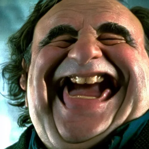 Image similar to the lord of the ring gimili played by danny devito laughing directed by peter jackson film still face close up dramatic lighting