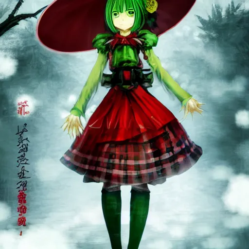 Prompt: an intimidating female flower plant youkai woman, yuuka kazami, with short wavy green hair and burning piercing red eyes, wearing a red plaid dress, 4 k digital beautiful detailed touhou character art portrait by ross tran yoshitaka amano bo chen