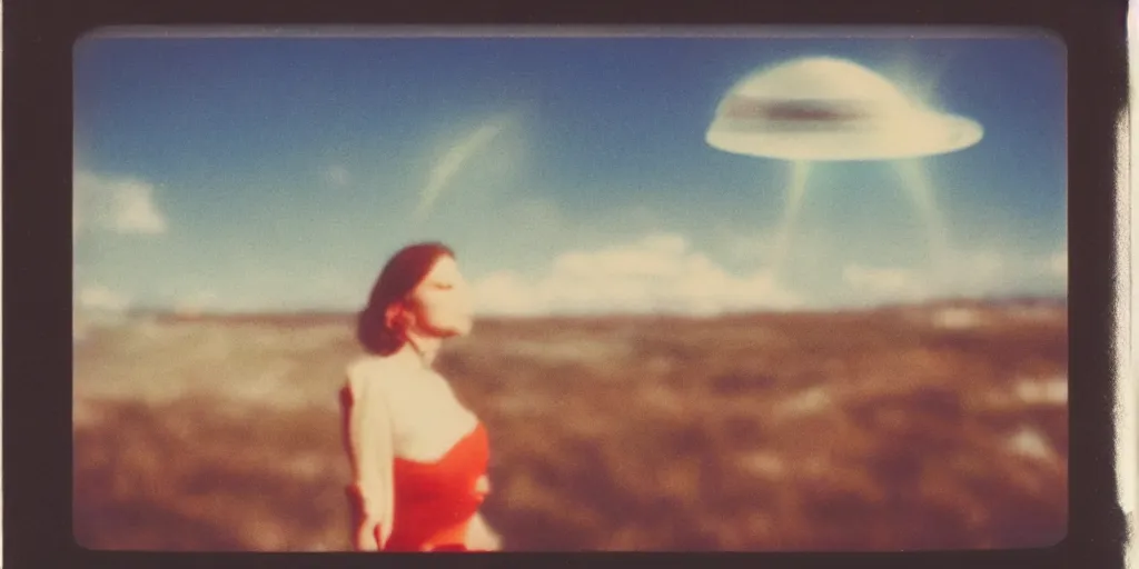 Image similar to vintage polaroid of a beautiful woman spotting a ufo in the sky, seen from behind, detailed clouds, warm azure tones, red color bleed, film grain