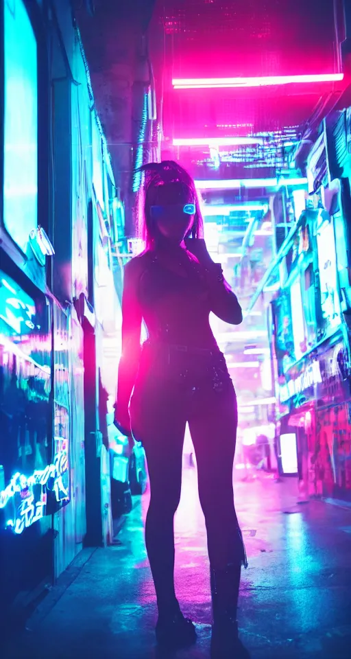 Prompt: cyberpunk women, neon lights, city, glow, sunset, retrowave style,