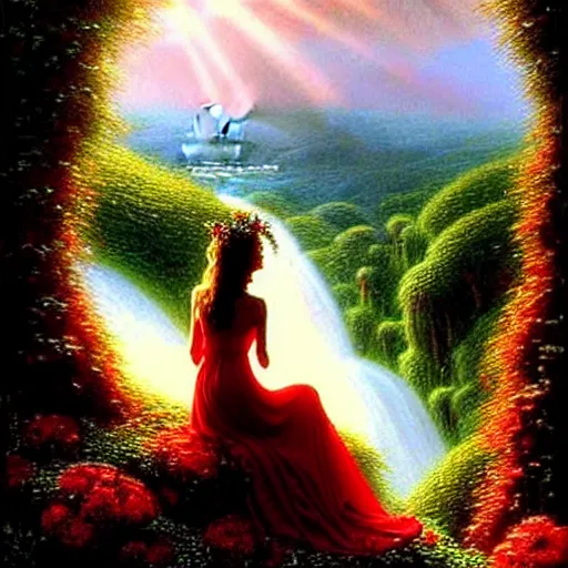 Prompt: an elegant fairy queen in a red lace dress sitting and looking out at a lord of the rings scenery landscape, vast lush valley flowers and giant mushroom structures, waterfall, river, sunrise, god's rays highly detailed, vivid colour, soft clouds, floral sunset, cinematic lighting, perfect composition, gustave dore, derek zabrocki, greg rutkowski, belsinski