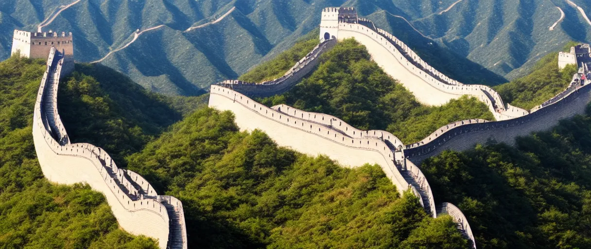 Prompt: the great wall of china holding the ocean, aerial view