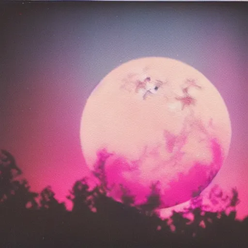 Image similar to colorful instant photograph of the moon in a city at night, polaroid, light leak, raw, nostalgic