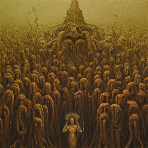 Image similar to crowd of cultists in the ancient temple of cthulhu, oil painting by beksinski and william, lake and rutkovski