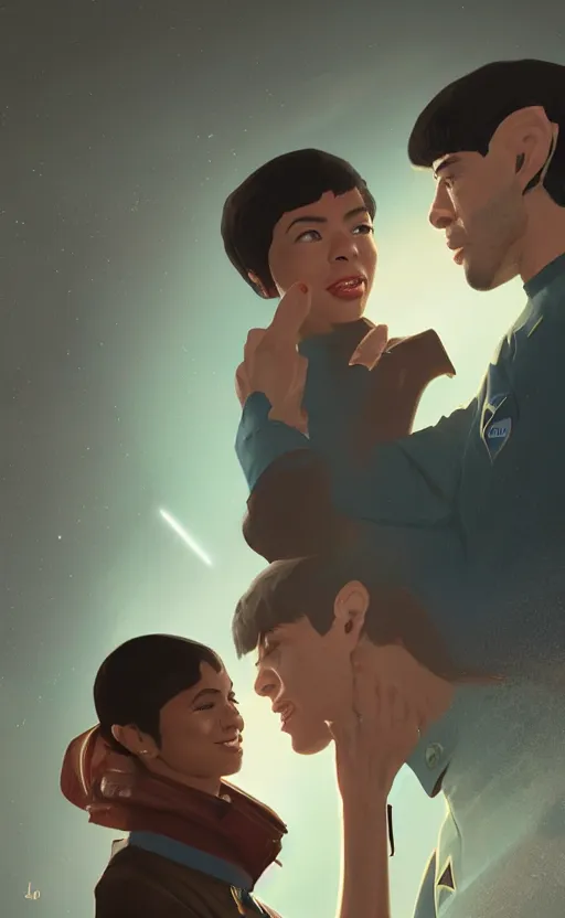 Image similar to Celia Rose Gooding as Uhura and Ethan Peck as Spock caught about to kiss, surprise, cute, innocent, soft lighting, standing in a starbase bar, In style of wojtek fus, by Makoto Shinkai, concept art, highly detailed