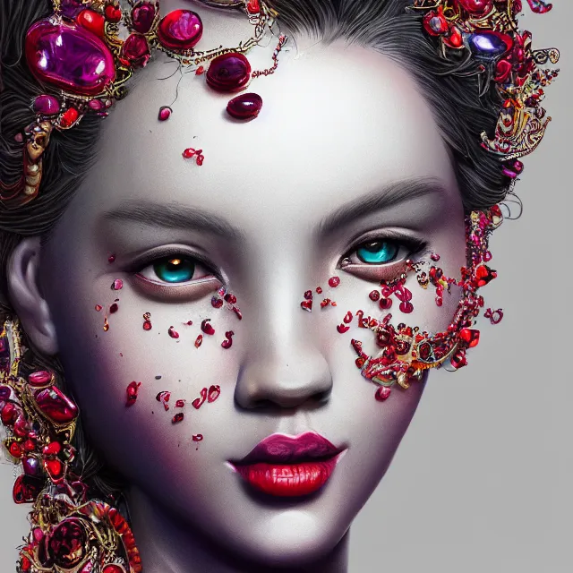 Image similar to studio portrait of absurdly beautiful, elegant, young hypercolorful woman made of rubies and red gems, ultrafine hyperrealistic detailed face illustration by kim jung gi, irakli nadar, intricate linework, sharp focus, bright colors, matte, octopath traveler, final fantasy, unreal engine highly rendered, global illumination, radiant light, intricate environment