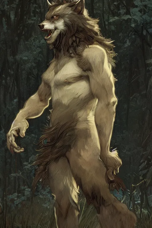 Image similar to fullbody portrait of a male werewolf, bared teeth, long claws, dark forest at night, by greg rutkowski and alphonse mucha, gradient brown to silver, highly detailed, digital painting, artstation, concept art, smooth, sharp focus illustration