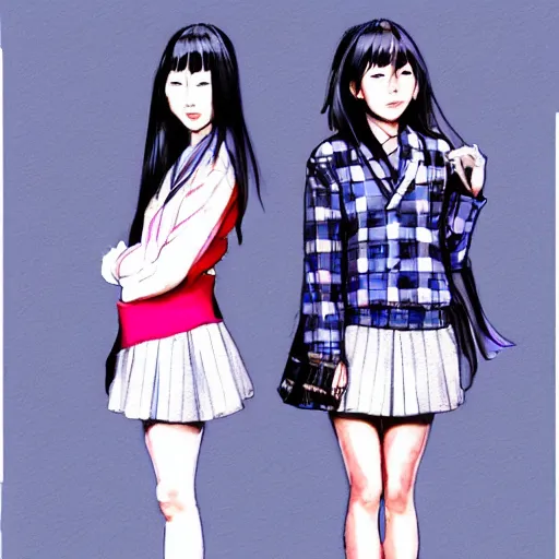 Prompt: a perfect, realistic professional digital sketch of two hyperrealistic Japanese schoolgirls posing, in style of Marvel, full length, by pen and watercolor, by a professional American senior artist on ArtStation, a high-quality hollywood-style sketch, on high-quality paper