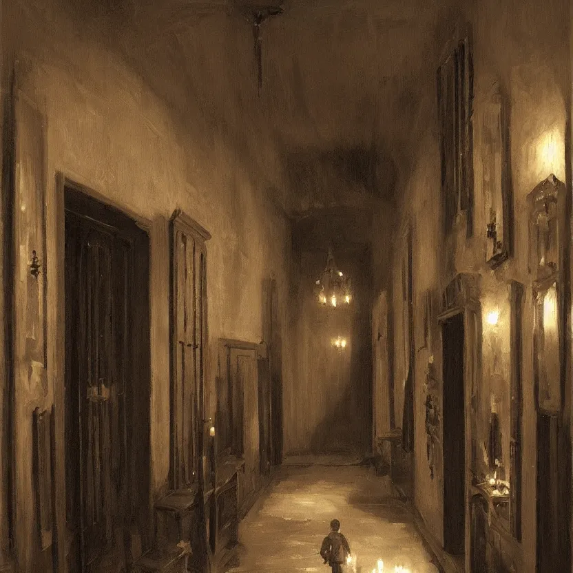 Prompt: dark creepy victorian corridor with bookshelves everywhere and two candles, by Stefan Koidl. artstation, blue lighting.