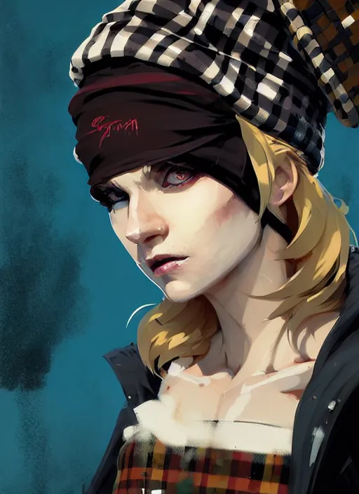 Prompt: highly detailed closeup portrait of a sewer punk female thief, tartan cloak, blonde hair with headband by atey ghailan, by greg rutkowski, by greg tocchini, by james gilleard, by joe fenton, by kaethe butcher, gradient, blue, black, brown and cream color scheme, grunge aesthetic!!! white graffiti tag wall background