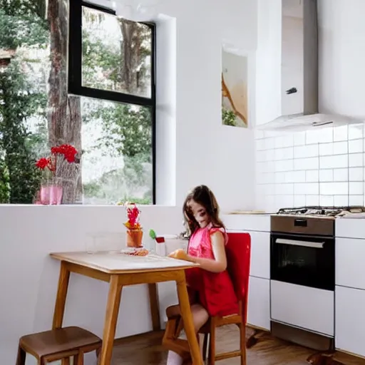 Prompt: a beautiful girl cooks delicious pancakes in a minimalist kitchen with white walls, a red oak table.