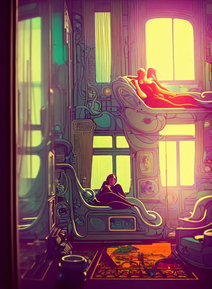 Image similar to telephoto 7 0 mm f / 2. 8 iso 2 0 0 photograph depicting the feeling of chrysalism in a cosy safe cluttered french sci - fi ( ( art nouveau ) ) cyberpunk apartment in a pastel dreamstate art cinema style. ( person relaxing living room near ) ( ( fish tank ) ), ambient light.