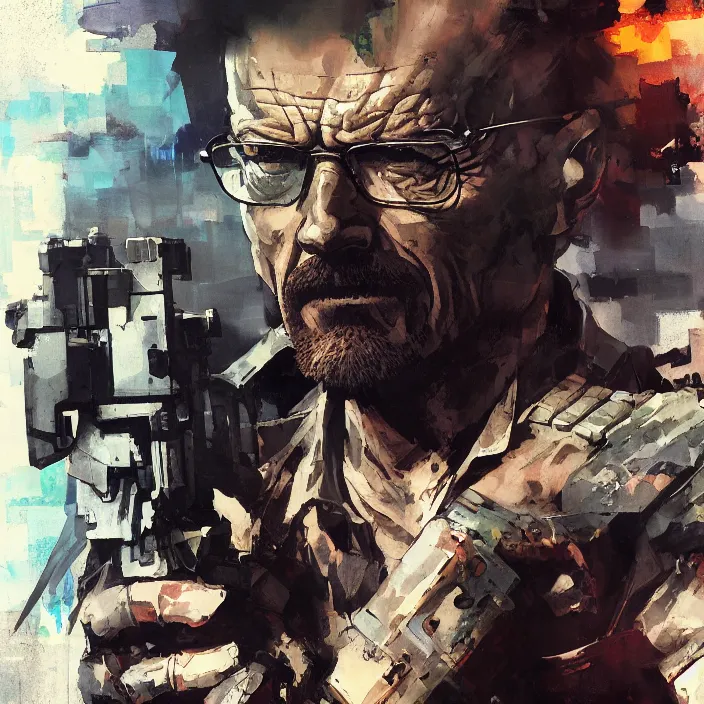 Prompt: walter white wearing metal gear armor holding gun dramatic lighting art by brandon anschultz by yoji shinkawa by richard schmid by greg rutkowski by sandra chevrier by jeremy lipking cinematic dramatic brush strokes background