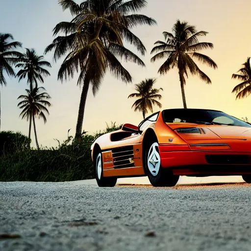 Prompt: a photograph of a stunning blonde woman, sat next day a man with brown hair in a Ferrari Testarossa on a road next to a white sand beach with palm trees