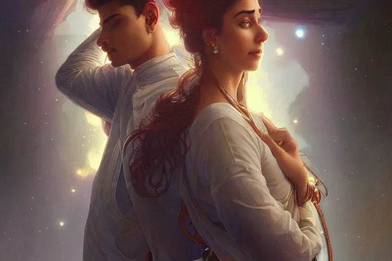 Image similar to Sensual good looking pale young Indian doctors wearing jeans in a space elevator above Earth, portrait, elegant, intricate, digital painting, artstation, concept art, smooth, sharp focus, illustration, art by artgerm and greg rutkowski and alphonse mucha