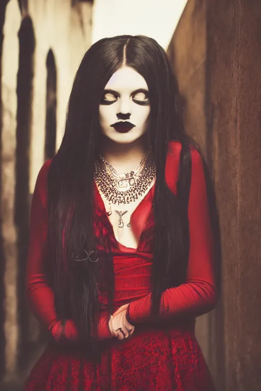 Image similar to a photo of a beautiful Goth girl wearing a dark red dress leaning on a wall, long dark hair, dark colors, tattoos, a large Ankh necklace, soft lighting, rich cinematic atmosphere, poster, 8k
